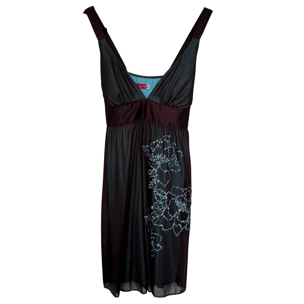 Ruby Rox Y2K Babydoll Mini Dress Brown Teal Beaded Flower Size M Fairy Mermaid
